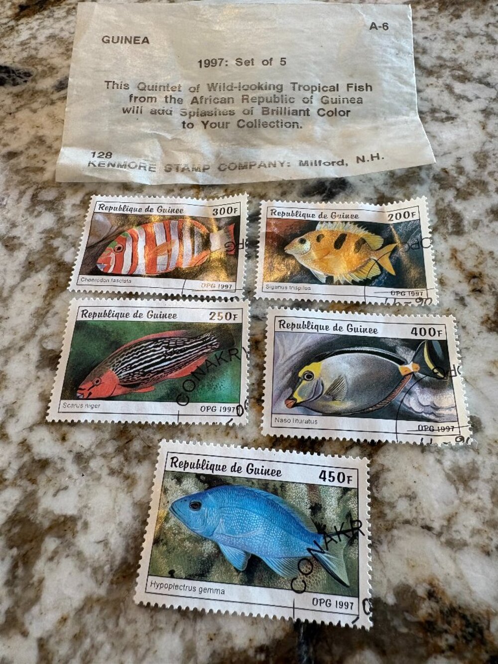 1997 Kenmore Stamp Company set of five Guinea tropical fish postage stamps